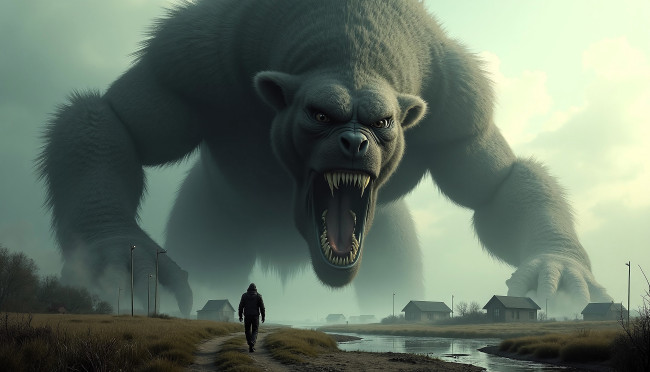 Обои картинки фото 3д графика, существа , creatures, дома, поселок, дорога, человек, монстр, ручей, туман