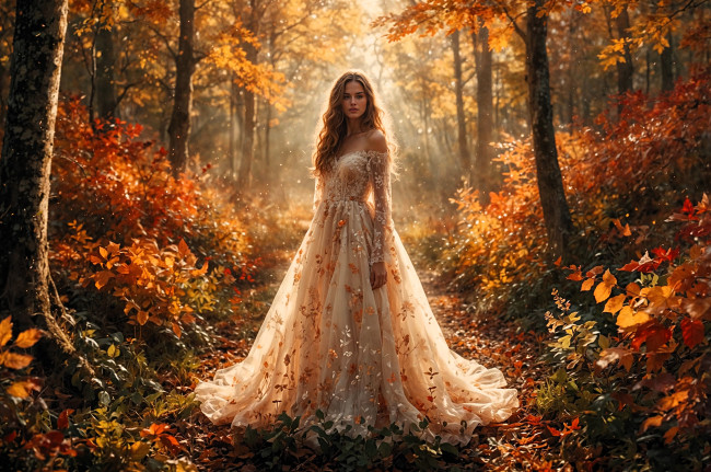 Обои картинки фото 3д графика, люди , people, девушка, платье, лес, осень