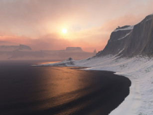 Картинка 3д графика nature landscape природа закат вода горы снег