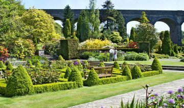 Картинка природа парк деревья кусты трава газоны клумбы аллеи мост