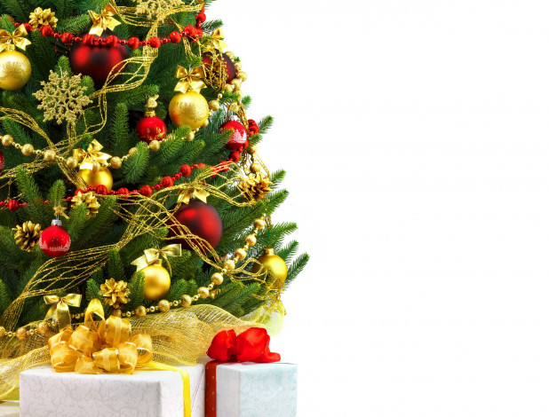 Обои картинки фото праздничные, Ёлки, снежинки, подарки, бусы, шарики