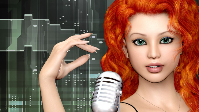 Обои картинки фото 3д, графика, portraits, портрет, губы, лицо, микрофон, глаза, взгляд