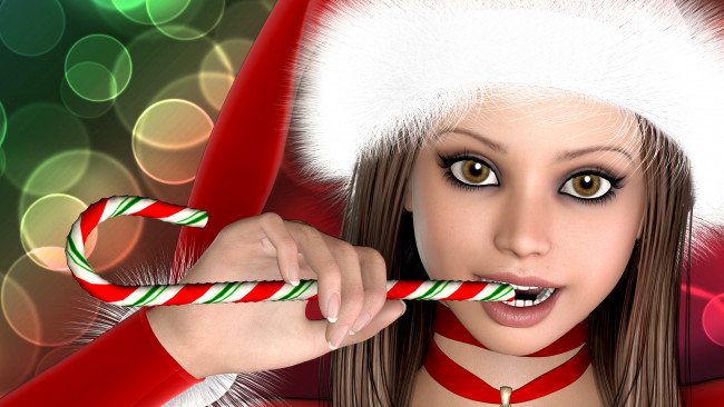 Обои картинки фото 3д, графика, portraits, портрет, лицо, взгляд, шапка, конфетка, губы, глаза