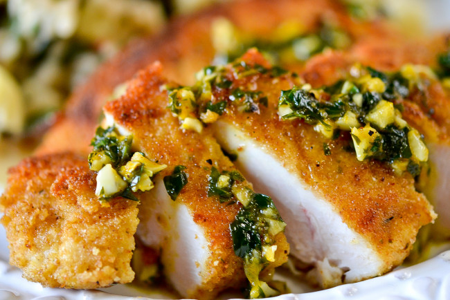 Обои картинки фото pan, roasted, turkey, cutlets, with, orange, gremolata, еда, мясные, блюда, котлета