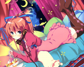 Картинка аниме *unknown+ другое месяц звёзды refeia занавески подушки телефон лежит девушка арт