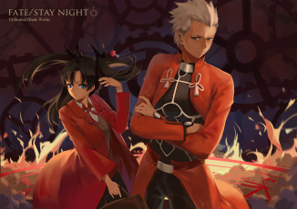 Картинка аниме fate stay+night девушка tohsaka rin archer цепочка кулон магия парень gensou kuro usagi арт stay night