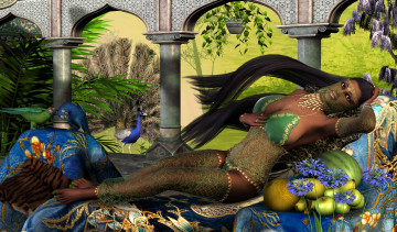 Картинка 3д+графика люди+ people лежит девушка взгляд фрукты