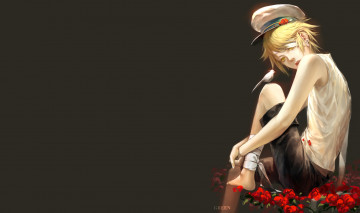 Картинка аниме *unknown+ другое цветы кепка парень темный фон птичка красные бинты взгляд