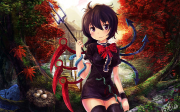 Картинка аниме touhou река природа брюнетка трезубец ветка гнездо дом дерево арт девушка тоухоу