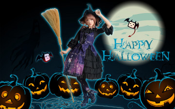 Картинка разное компьютерный+дизайн девушка луна тыквы шляпа летучие мыши метла взгляд