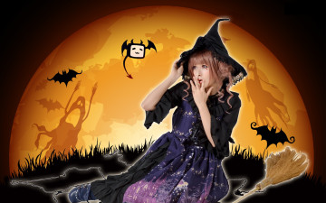 обоя разное, компьютерный дизайн, летучие, мыши, девушка, шляпа, луна, метла, взгляд