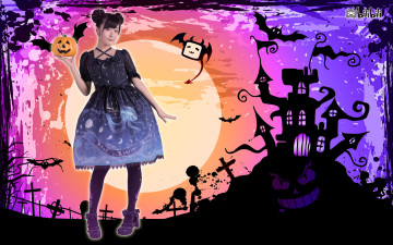 Картинка разное компьютерный+дизайн тыква луна взгляд девушка летучие мыши