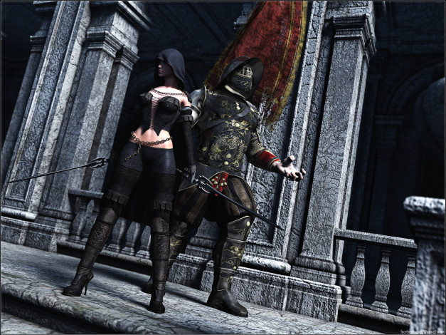 Обои картинки фото 3д графика, фантазия , fantasy, девушка, мужчина, оружие