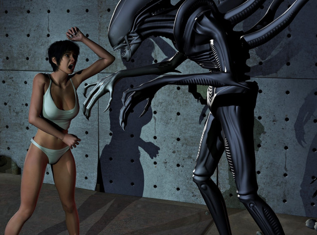 Обои картинки фото 3д графика, фантазия , fantasy, взгляд, девушка, существо, страх