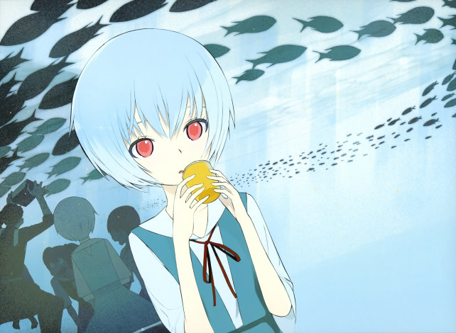 Обои картинки фото аниме, evangelion, арт, девушка, genesis, neon, рыбы, чашка, взгляд