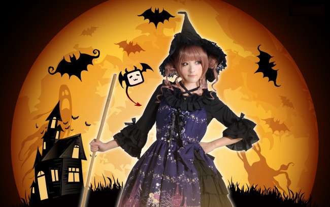 Обои картинки фото разное, компьютерный дизайн, летучие, мыши, луна, шляпа, взгляд, девушка