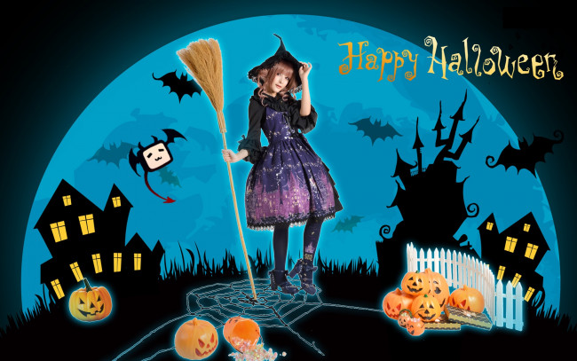 Обои картинки фото разное, компьютерный дизайн, луна, метла, шляпа, летучие, мыши, тыквы, девушка, взгляд