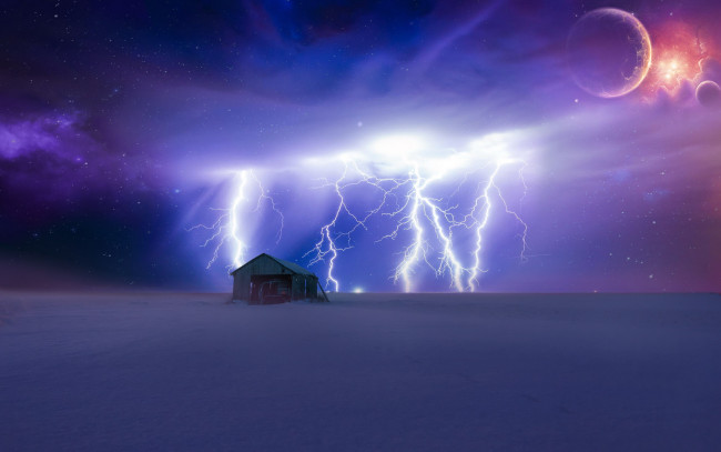 Обои картинки фото разное, компьютерный дизайн, планеты, дом, снег, молнии