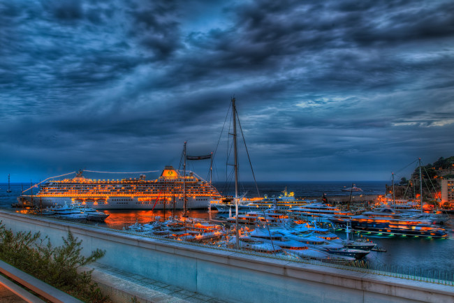Обои картинки фото monaco port, корабли, порты ,  причалы, огни, лайнер, яхты, причалы, гавань