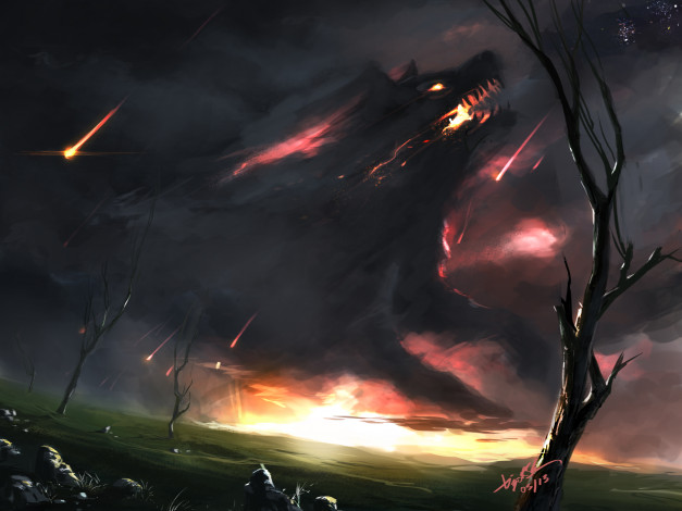 Обои картинки фото фэнтези, оборотни, арт, фантастика, оборотень, зверь, ночь, огонь, тучи, мрак