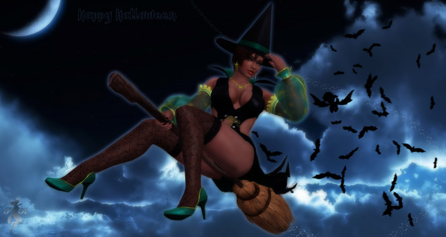 Обои картинки фото 3д графика, праздники , holidays, метла, птицы, облака, фон, взгляд, девушка