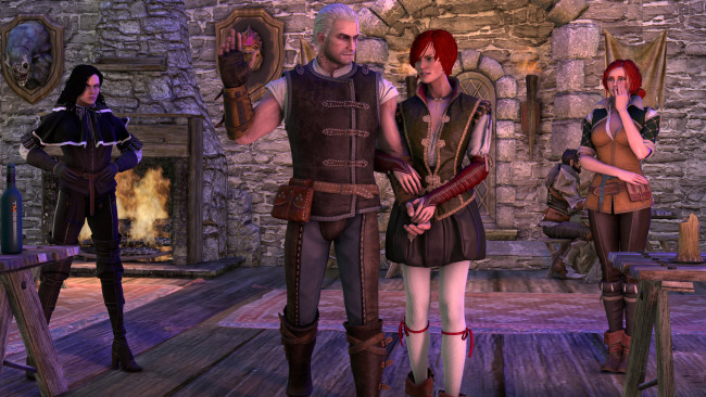 Обои картинки фото 3д графика, фантазия , fantasy, девушки, взгляд, фон, мужчины, камин