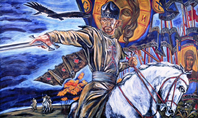 Обои картинки фото куликово поле, рисованное, люди, князь, кони, всадники, птицы, флаги, знамена, войско