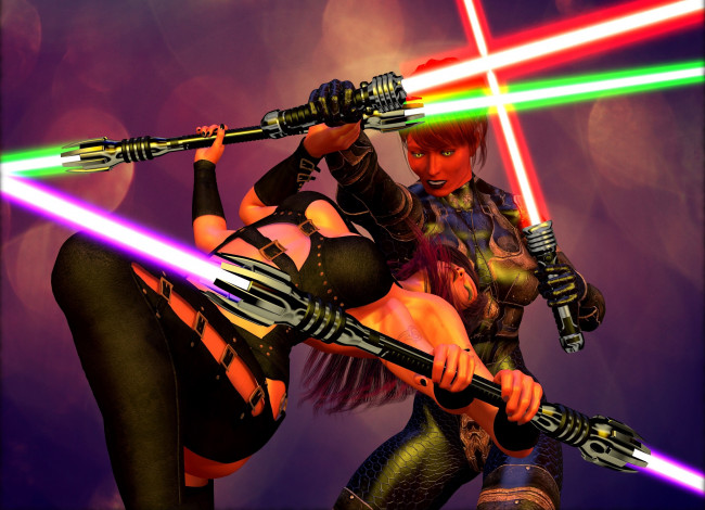 Обои картинки фото 3д графика, фантазия , fantasy, девушки, взгляд, фон, оружие