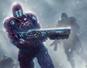 Картинка фэнтези роботы +киборги +механизмы войны броня снег арт патруль оружие