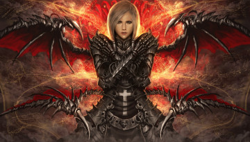 Картинка фэнтези демоны девушка крест крылья сложенные руки броня