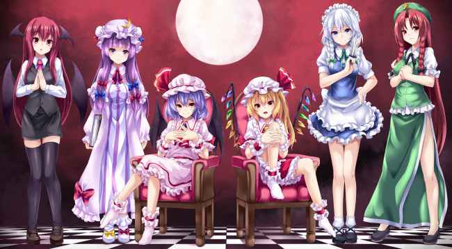 Обои картинки фото аниме, touhou, взгляд, девушки, фон