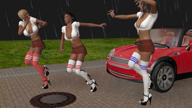 Обои картинки фото 3д графика, люди , people, девушки, взгляд, фон, автомобиль