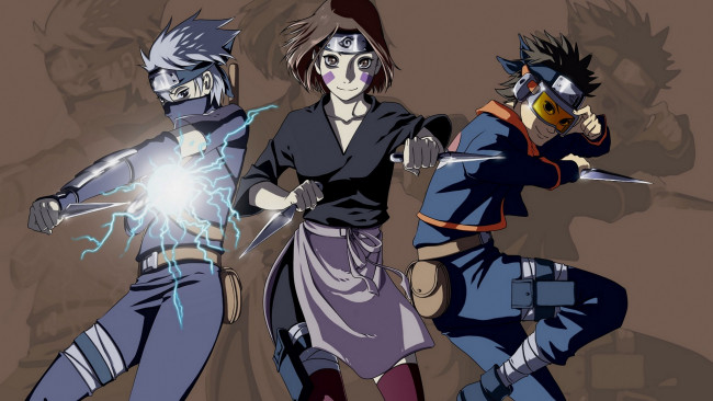 Обои картинки фото аниме, naruto, рин, обито, какаши