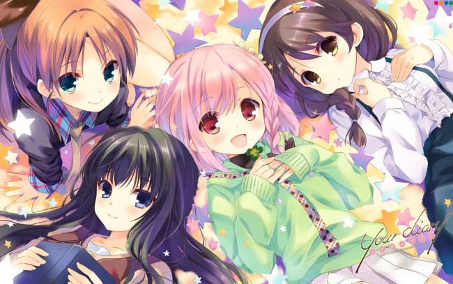 Обои картинки фото аниме, your diary, фон, девушки, взгляд