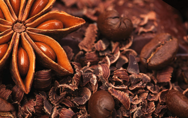 Обои картинки фото еда, конфеты,  шоколад,  сладости, стружка, ваниль, шоколад, зерна, кофе