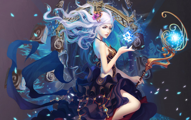 Обои картинки фото фэнтези, маги,  волшебники, девушка, магия, посох, ленты