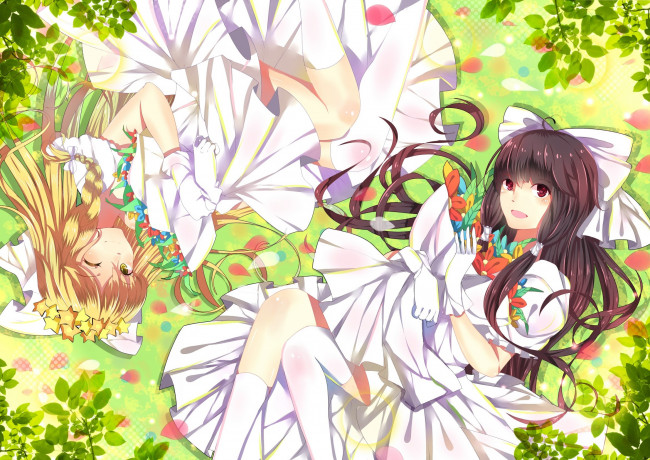 Обои картинки фото аниме, touhou, фон, взгляд, девушки