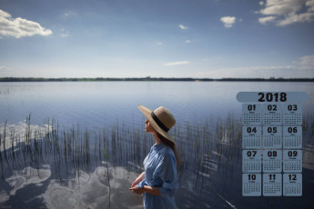 Картинка календари девушки 2018 шляпа водоем профиль отражение
