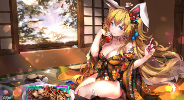 Картинка аниме животные +существа piviv tatame apple kyojin girl tekai pretty kimono oppai bishojo japonese anime big bunny beautiful sugoi