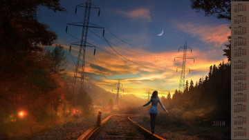 Картинка календари девушки спина собака 2018 деревья рельсы