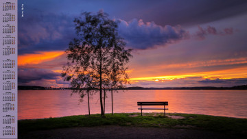 Картинка календари природа облака закат скамейка дерево 2018 водоем