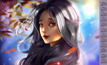 Картинка календари рисованные +векторная+графика 2018 девушка взгляд листья