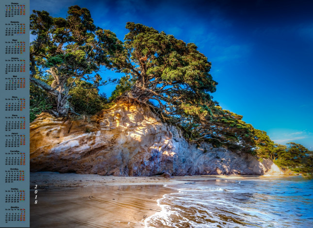 Обои картинки фото new zealand, календари, природа, деревья, водоем, 2018