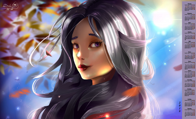 Обои картинки фото календари, рисованные,  векторная графика, 2018, девушка, взгляд, листья