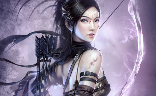 Обои картинки фото фэнтези, девушки, девушка, кровь, лук, стрелы, лучница