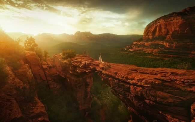 Обои картинки фото фэнтези, иные миры,  иные времена, мир, измерение, солнце, скалы, обрыв, девушка, долина, пространство