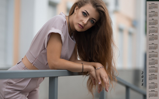 Обои картинки фото календари, девушки, 2018, взгляд, украшения, макияж