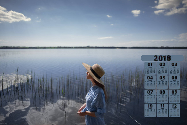 Обои картинки фото календари, девушки, 2018, шляпа, водоем, профиль, отражение
