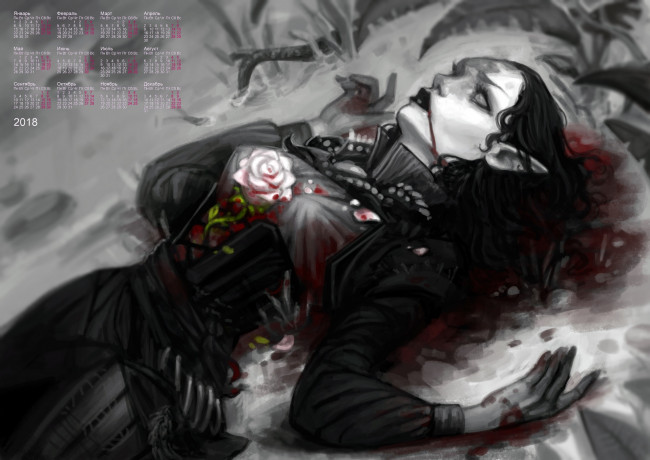 Обои картинки фото календари, фэнтези, роза, женщина, 2018, смерть, кровь