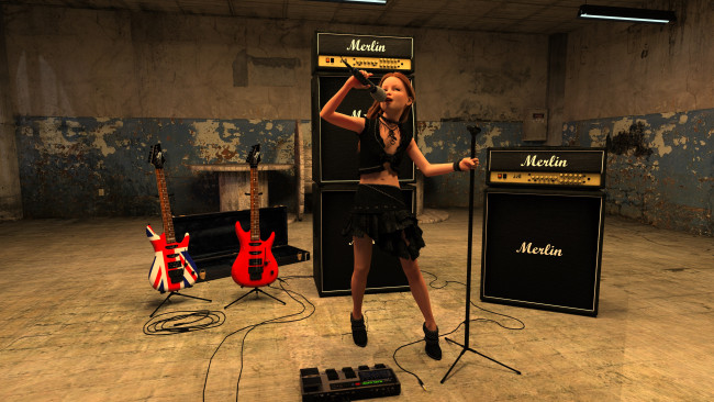 Обои картинки фото 3д графика, люди , people, гитара, фон, взгляд, девушка